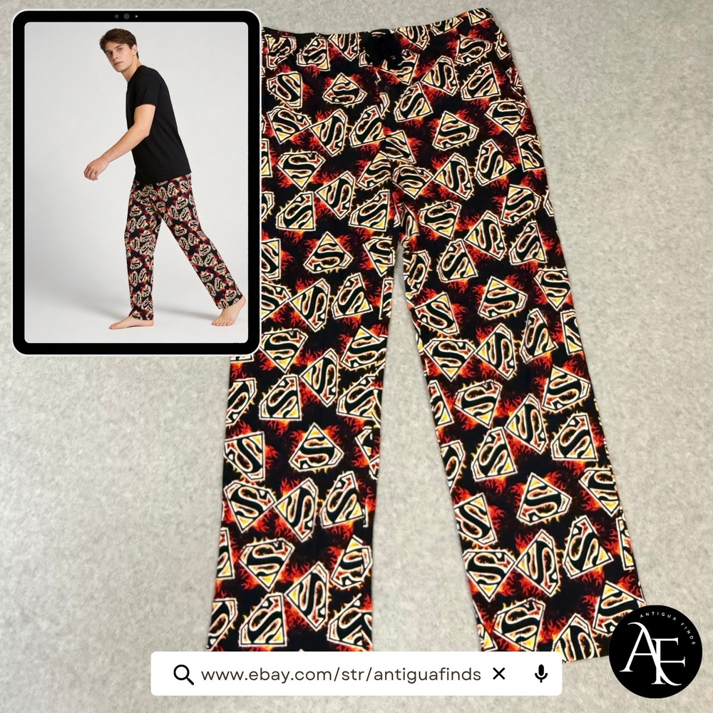 DC Comics Superman Pajama Pants Mens Sz. Large Flame S-Shield Logo Cotton Lounge